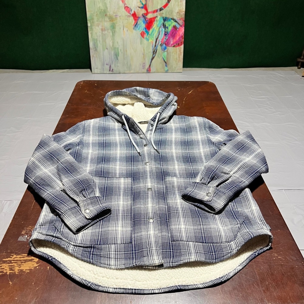 The North Face Womens Blue Plaid Sherpa Lined Hooded Shirt Jacket Shacket Large